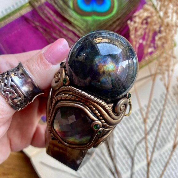 Huge Artisan Smokey Quartz, Mother of Pearl, Labradorite Sphere Crystal Pendant! - Picture 7 of 8